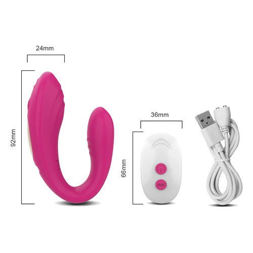 The Duo couples wearable U-shaped vibrator with wireless remote, dimensions and USB cable