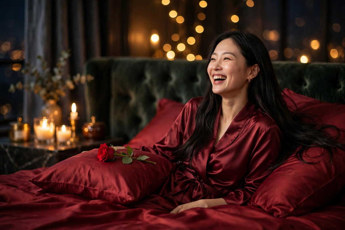 A happy East Asian woman laughing in a burgundy silk robe on red silk sheets