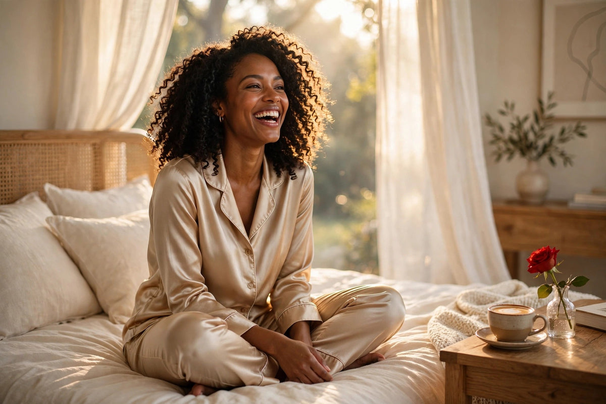 A happy Black woman laughing in champagne silk pajamas in morning light, coffee and a rose beside her