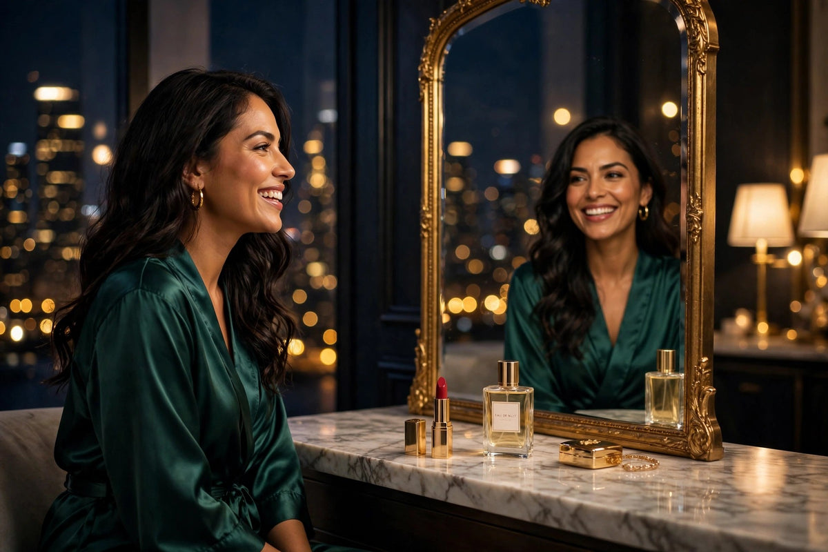 A smiling Latina woman in an emerald silk robe at her vanity, a red lipstick in a gold case on the marble in front of her
