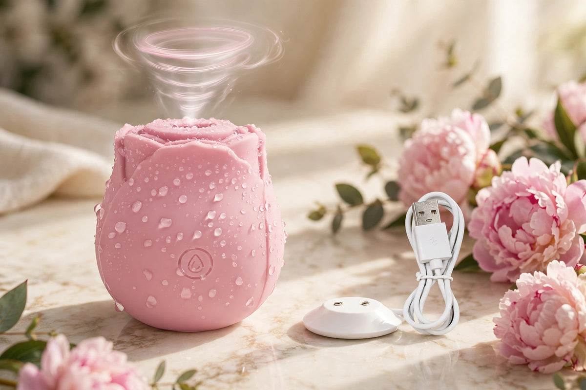The Rose suction vibrator in blush pink on marble with peonies and magnetic USB charging dock