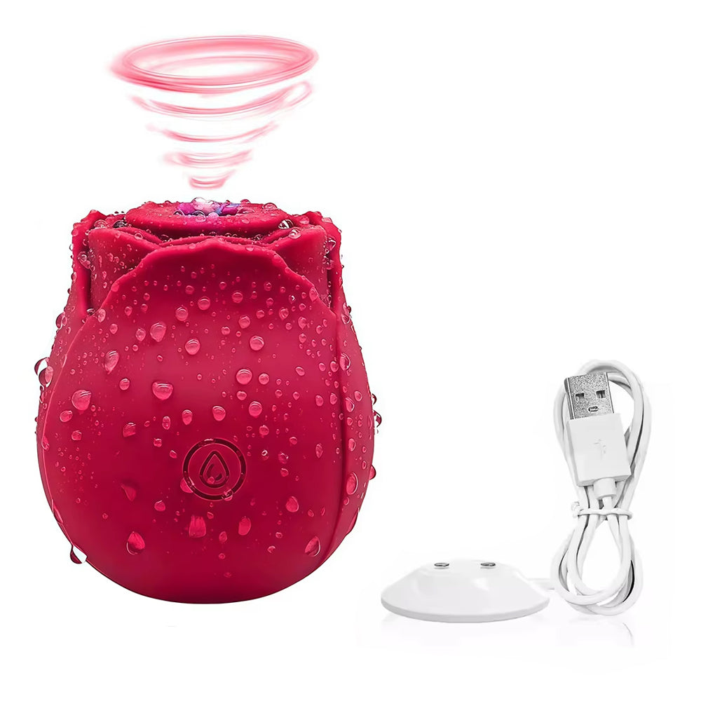The Rose suction vibrator in classic red with magnetic USB charging dock and cable